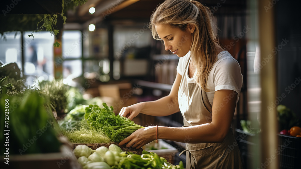 Obraz premium A saleswoman at the market sorts out fruits and vegetables. Shopping in eco-packaging