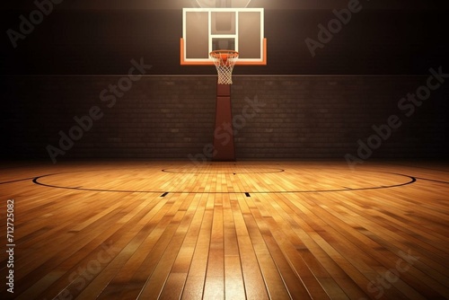 Indoor basketball court, wooden floor, hoop. 3D illustration of sports background. Generative AI