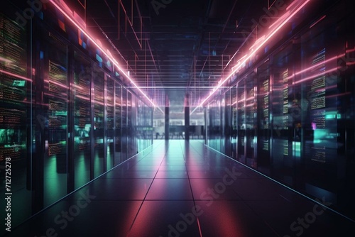 An image of a server center with interconnected servers and data displayed through neon lights in glass shelves inside a spacious room with cloud computing technology. Generative AI