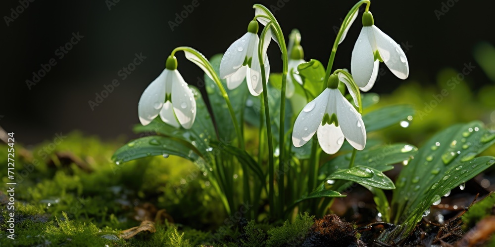 Obraz premium A dew drop on a snowdrop petals in spring