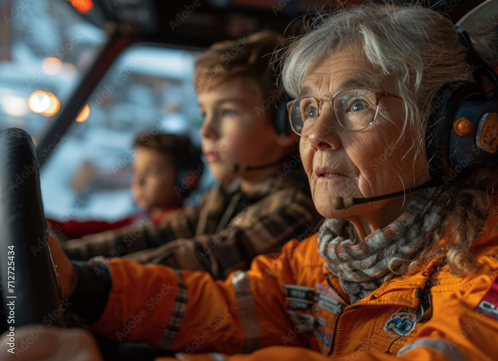 Grandmother and her children playing driving simulator. A woman listening to music while seated on a plane.