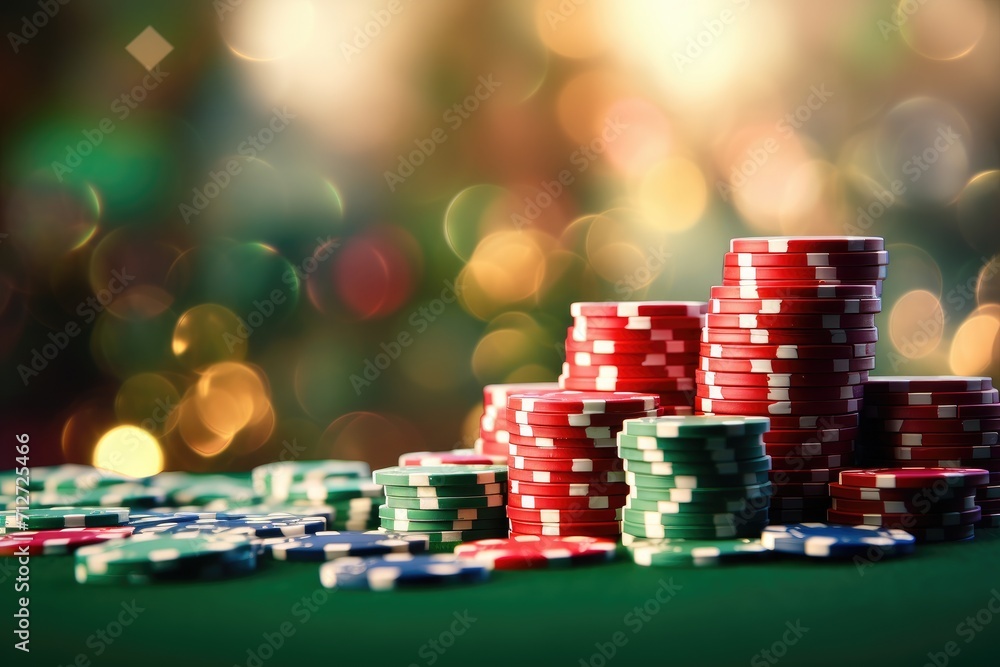 Green and red casino chips. Chips on a green table on a bokeh background. Columns of chips. Elements of gambling games. Gambling coins in casino. Excitement. Roulette. Luck. Green and red casino chips. Chips on a green table on a bokeh background. Columns of chips. Elements of gambling games. Gambling coins in casino. Excitement. Roulette. Luck.