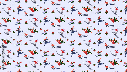 Seamless pattern with people doing winter sports - skiing, sleighing, and skating