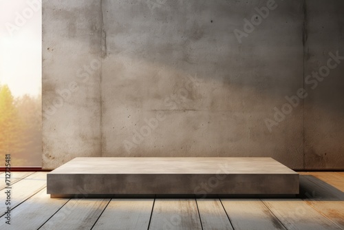 Concrete podium on a light background. Rectangular podium for product presentation. A minimalist scene for advertising product. Place for logo. Abstraction.
