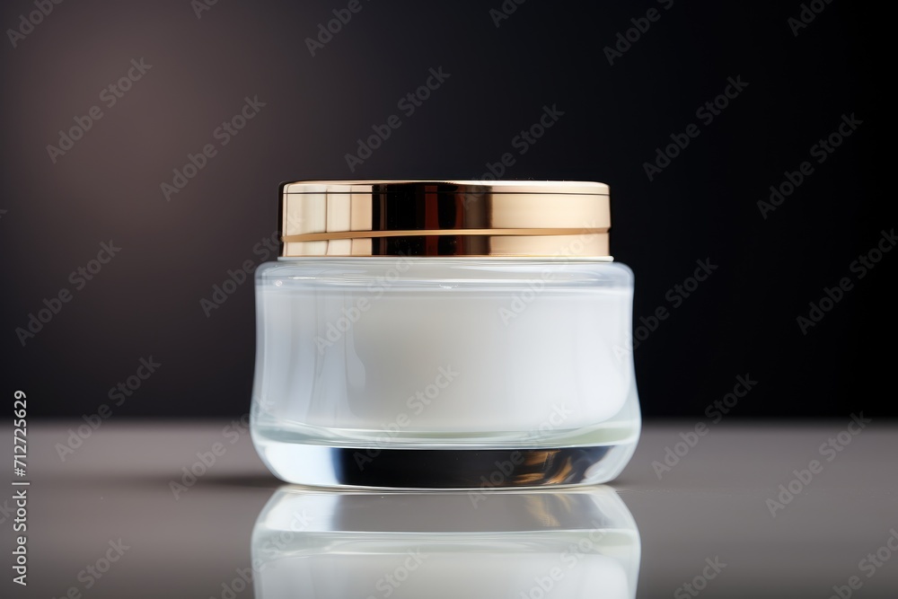 A jar of cream on a dark background. A glass jar of cream with golden lid. Presentation of cosmetics. Face cream. Cosmetic skin cream. A jar of cream on a dark background. A glass jar of cream with golden lid. Presentation of cosmetics. Face cream. Cosmetic skin cream.