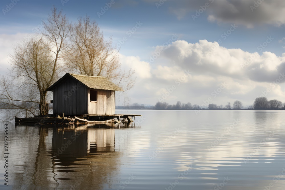 Small House Resting on Calm Waters, A Tranquil Retreat for Serene Living, copy space Small House Resting on Calm Waters, A Tranquil Retreat for Serene Living, copy space