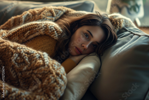 Contemplative Young Woman Resting on Couch with Knit Blanket