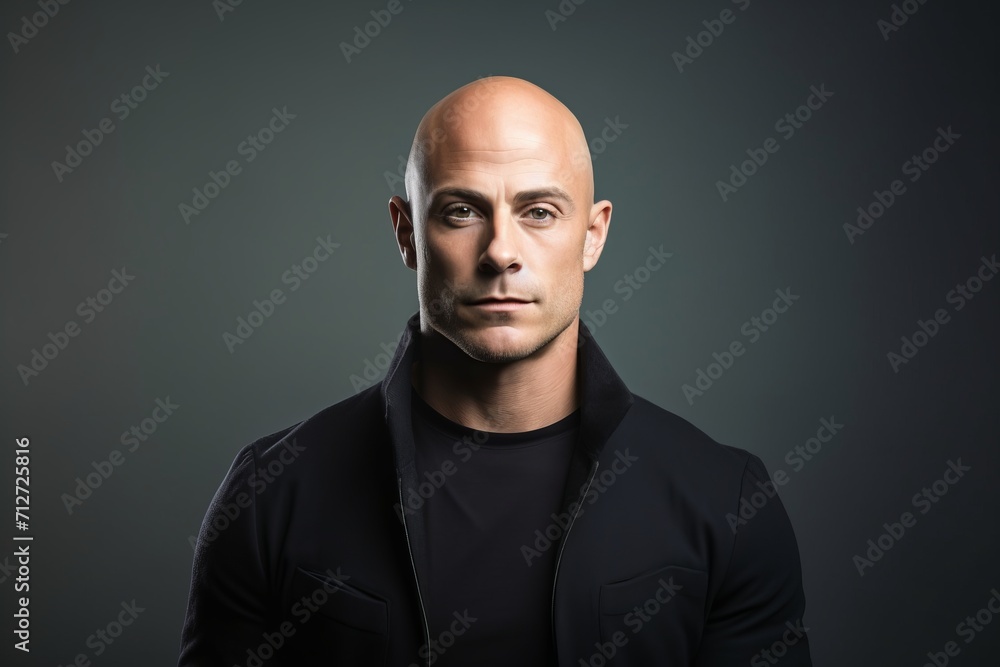 Portrait of a bald man in a black sweatshirt on a dark background Portrait of a bald man in a black sweatshirt on a dark background