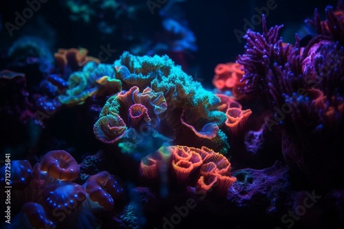 Vibrant glowing sea creatures in tank. Generative AI