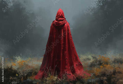 Red cloak in the forest. A solitary figure wearing a vibrant red cloak stands amidst a vast expanse of green field.