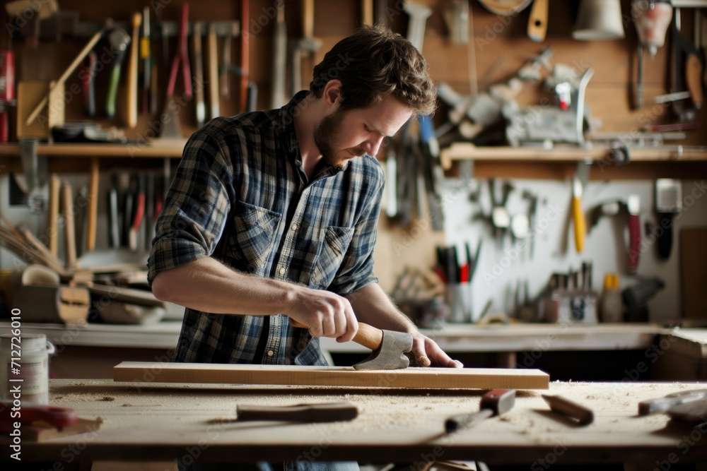 Craftsman Working Wood in Workshop. Generative AI. Craftsman Working Wood in Workshop. Generative AI.
