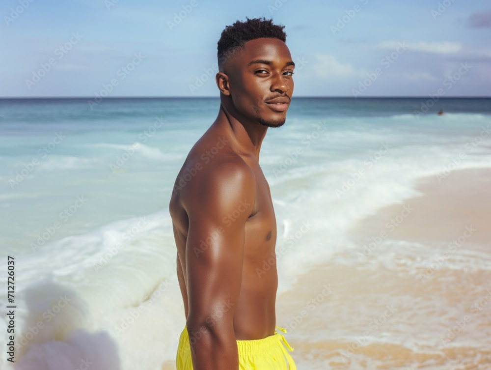 Confident African Man on a Tropical Beach. Generative AI. Confident African Man on a Tropical Beach. Generative AI.