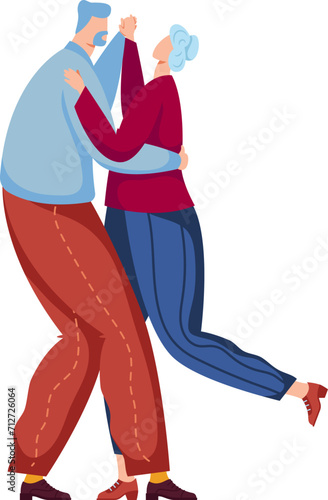 Elderly couple dancing together happily. Senior man and woman enjoying dance. Love and romance in old age vector illustration.