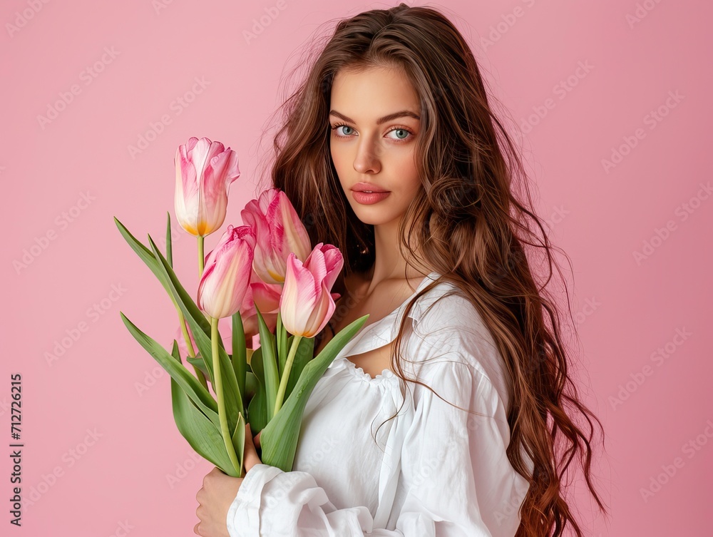 Portrait of young pensive woman near vase with flowers bouquet against white background. Mothers day, birthday, anniversary, celebration, holiday, greeting, festive event. Isolated image. Portrait of young pensive woman near vase with flowers bouquet against white background. Mothers day, birthday, anniversary, celebration, holiday, greeting, festive event. Isolated image.