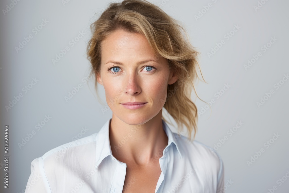 Portrait of young businesswoman in white shirt, looking at camera. Portrait of young businesswoman in white shirt, looking at camera.