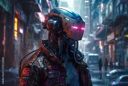 portrait of a cyberpunk pobot in the city