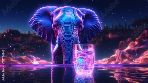 Elephant animal drinking water Neon light AI Generated pictures