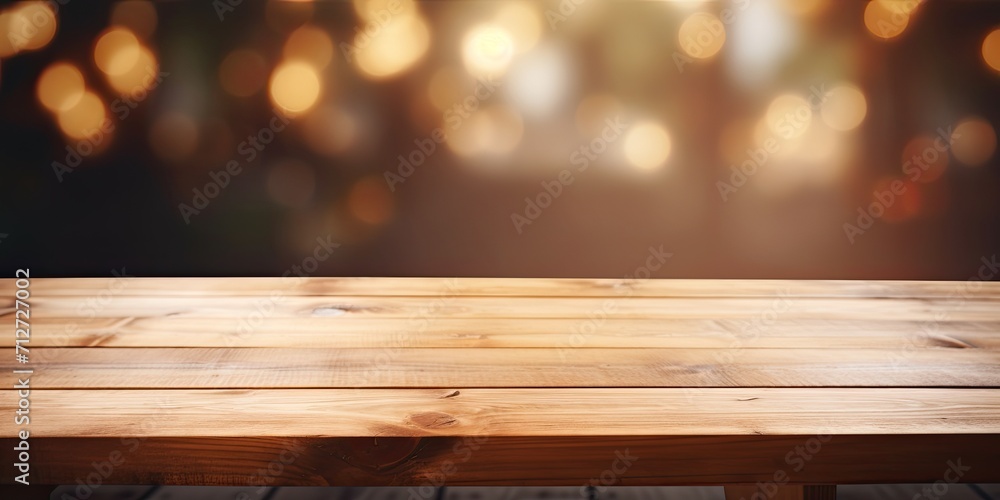 Blurred wooden table with a wooden board stand, Free space on table Blurred wooden table with a wooden board stand, Free space on table
