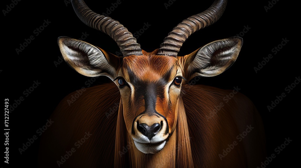 Majestic antelope portrait in wildlife photography, isolated on black background