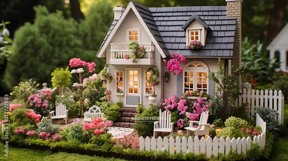 A dollhouse exterior surrounded by a miniature garden, complete with tiny flowers, a picket fence, and a pathway. The scene captures the whimsy of a toy house set in a charming outdoor space