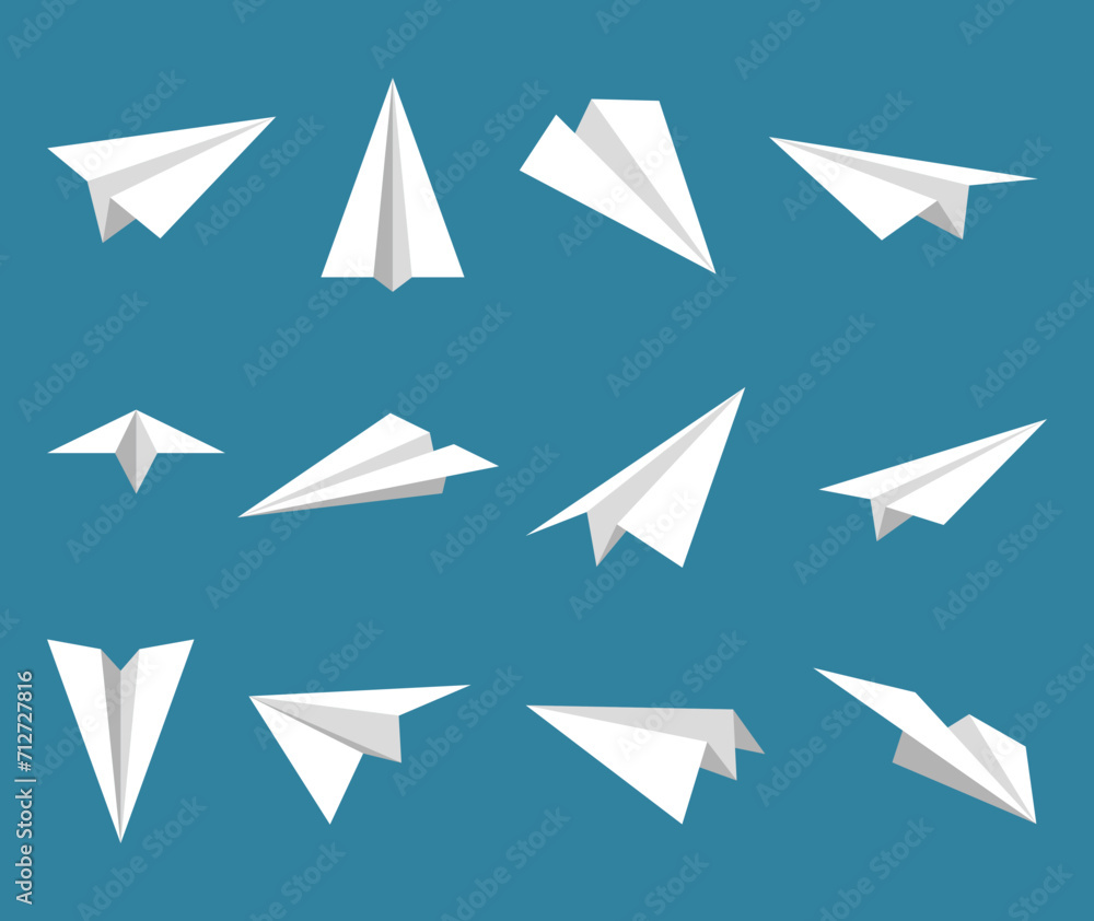 Set simple paper planes icon. White origami paper airplanes from different angles. Handmade aircraft on blue background. Vector illustration Set simple paper planes icon. White origami paper airplanes from different angles. Handmade aircraft on blue background. Vector illustration