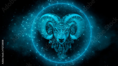 Aries zodiac sign, blue neon, nebula space background. photo