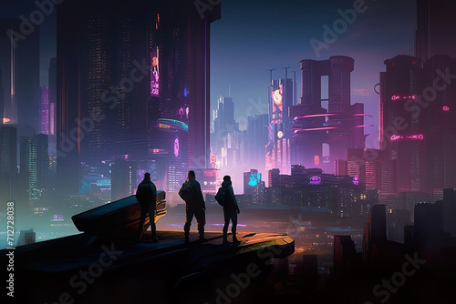 silhouette group of people in cyberpunk sity © Edik