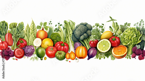 Pattern of variety fresh of organic fruits and vegetables and healthy vegan meal ingredients on beige background. Healthy food, clean eating, diet and detox, eco friendly, Generate AI