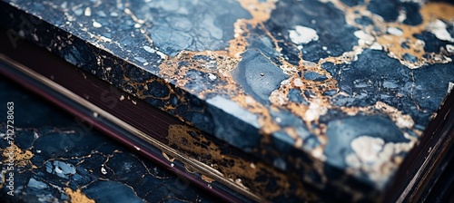 Intricate swirling patterns and aged textures of antique book s marbled endpapers in close up view photo