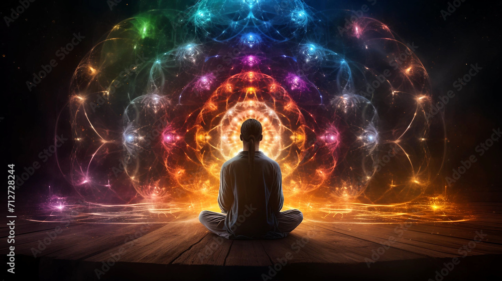 A Man Seated in a Lotus Position While Looking at a Colorful Chakra Theme Pattern of Lights - obrazy, fototapety, plakaty 