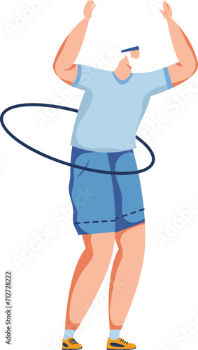Adult male cartoon character enjoying hula hoop workout in gym shorts and t-shirt. Fun exercise routine and fitness activity vector illustration.