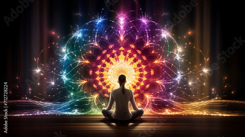 A Woman Seated in a Lotus Position While Looking at a Colorful Chakra Theme Pattern of Lights photo