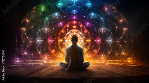 A Man Seated in a Lotus Position While Looking at a Colorful Chakra Theme Pattern of Lights photo