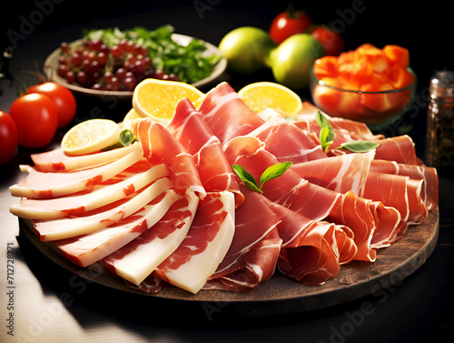 Sliced prosciutto and cheese on wooden board with garnish. Various cured ham and meat platter with herbs, close-up. Artisanal meat and prosciutto arrangement with fresh basil. Italian food concept