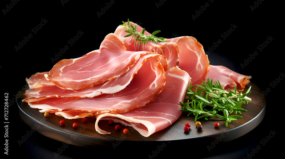 Prosciutto or jamon. Delicious Cured Prosciutto Ham with Herbs on Dark Background. Italian appetizer on wooden board. Slices of prosciutto with rosemary on dark plate. Cured Italian ham with herbs