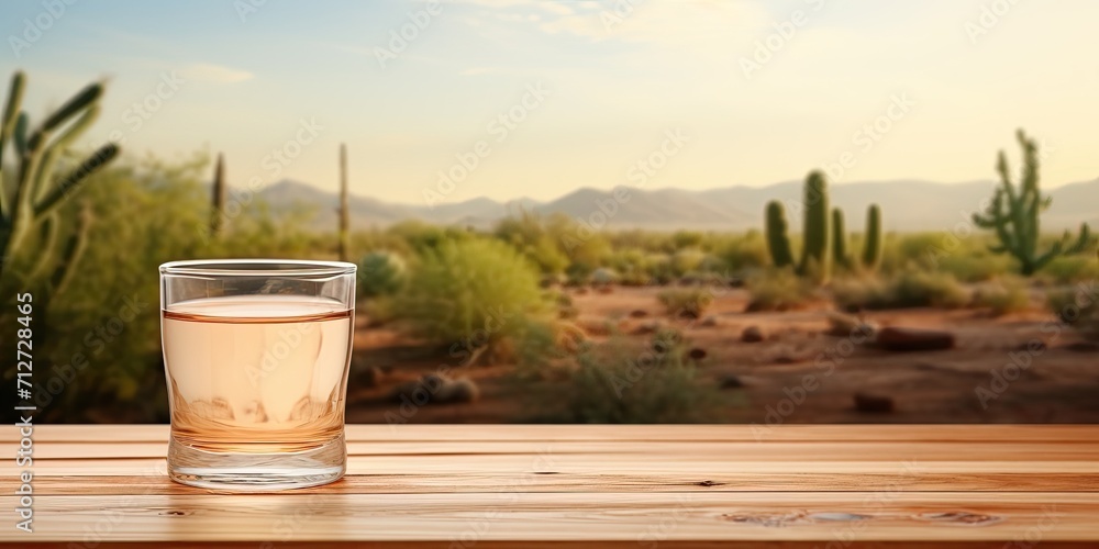 Wooden table top on a cactus desert backdrop. Hot weather and refreshing drinks. Juice, cold water. For product display or visual design. With copy space.