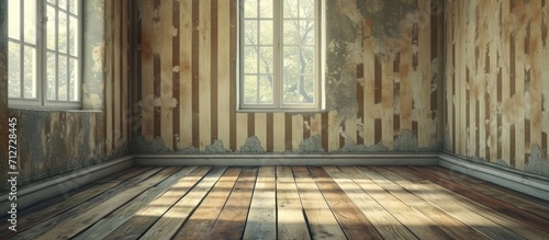 Vintage style room with worn striped wallpaper and wooden board floor.