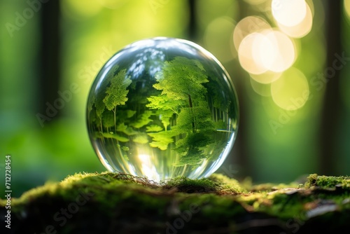Planet Earth Conservation. Green Globe Surrounded by Forest, Moss, and Enchanting Sunbeams