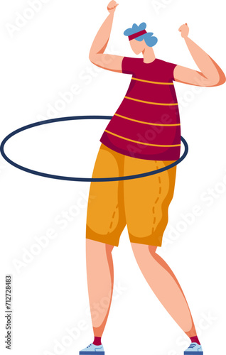 Woman exercising with hula hoop, fitness activity, casual attire, smiling. Fun workout and female health vector illustration.