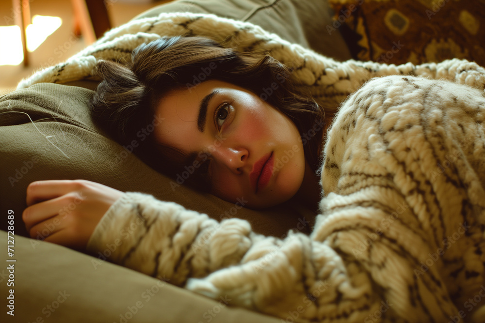 Young Woman Wrapped in Textured Blanket Resting on a Sofa Young Woman Wrapped in Textured Blanket Resting on a Sofa