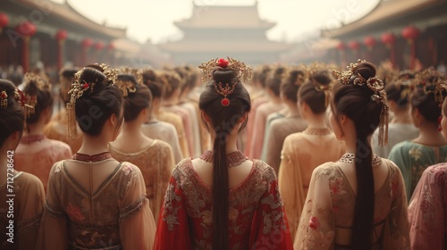Wide view shot of a group of asian women wearing traditional dress standing in front of a shrine, back shot photo