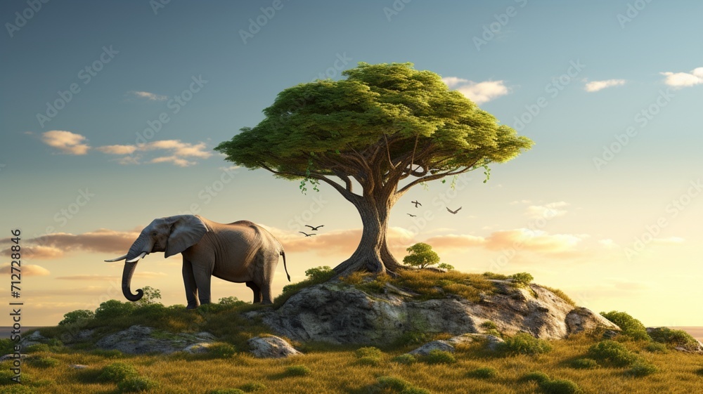 Fototapeta premium Elephant animal hill next tree AI Generated pictures