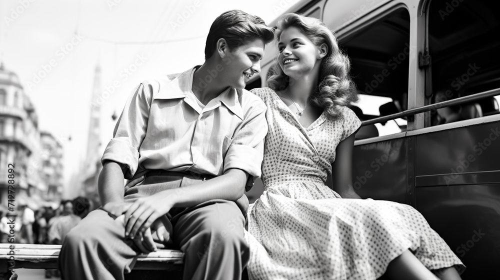 Obraz premium Man and woman face to face. Tenderness and love. Lovers and happy. Black and white.