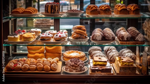 Showcase in a pastry shop. Sweet pastries with berries. Glass stand with eclair cakes and tartlets. refrigerator shelves with sweets. Confectioner's workplace