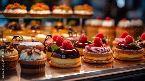 Showcase in a pastry shop. Sweet pastries with berries. Glass stand with eclair cakes and tartlets. refrigerator shelves with sweets. Confectioner's workplace