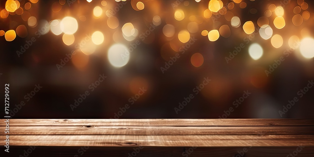 Blurred restaurant lights on a wooden table for product display or montage.
