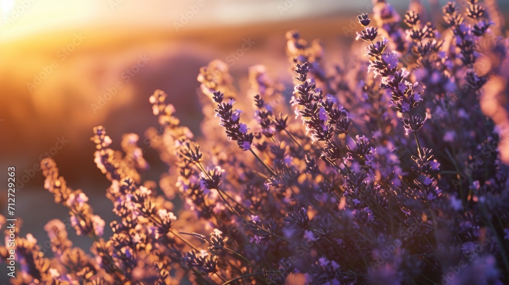 Lavender field Summer sunset landscape with tree. Blooming violet fragrant lavender flowers with sun rays with warm sunset sky - obrazy, fototapety, plakaty 