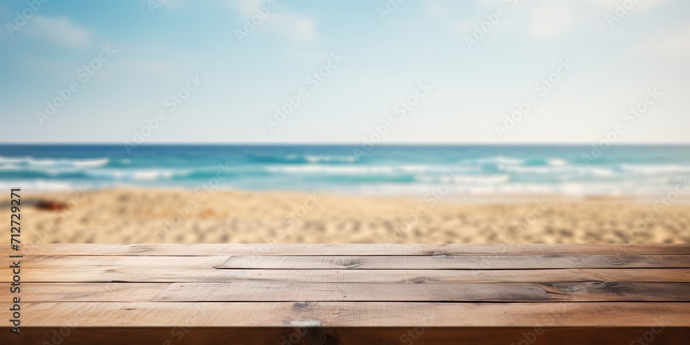 Wooden table with blurred beach background - perfect for showcasing or creating product collages
