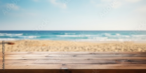 Wooden table with blurred beach background - perfect for showcasing or creating product collages