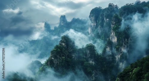 Aerial view of a mountain covered with clouds and fog, in the style of northern and southern dynasties, naturecore, nature's wonder © ME_Photography